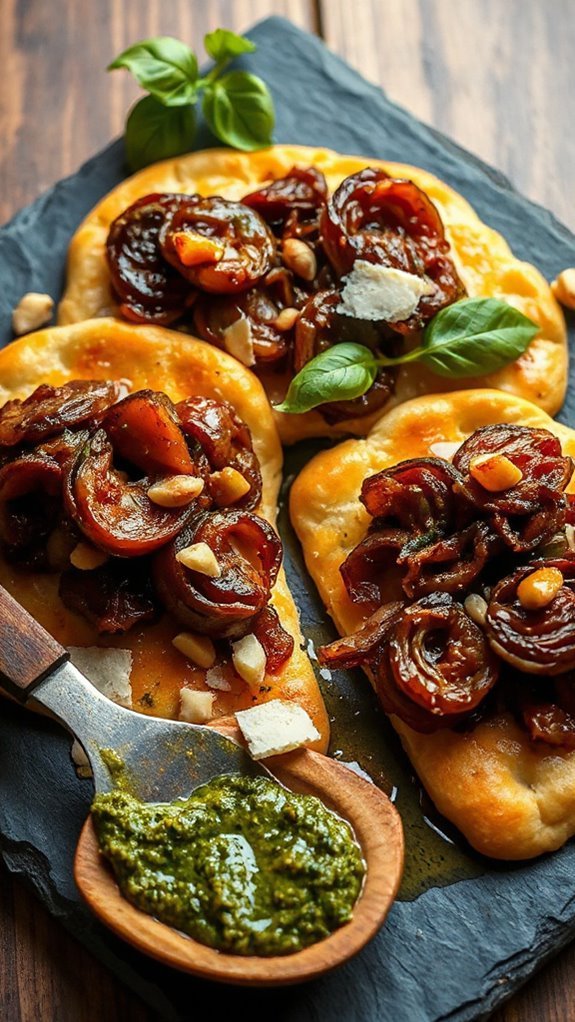 pesto caramelized onion flatbreads doox8 pesto caramelized onion flatbreads doox8