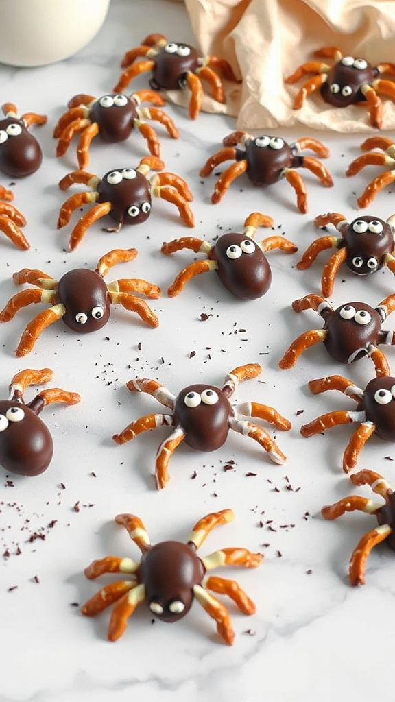chocolate dipped pretzel spiders