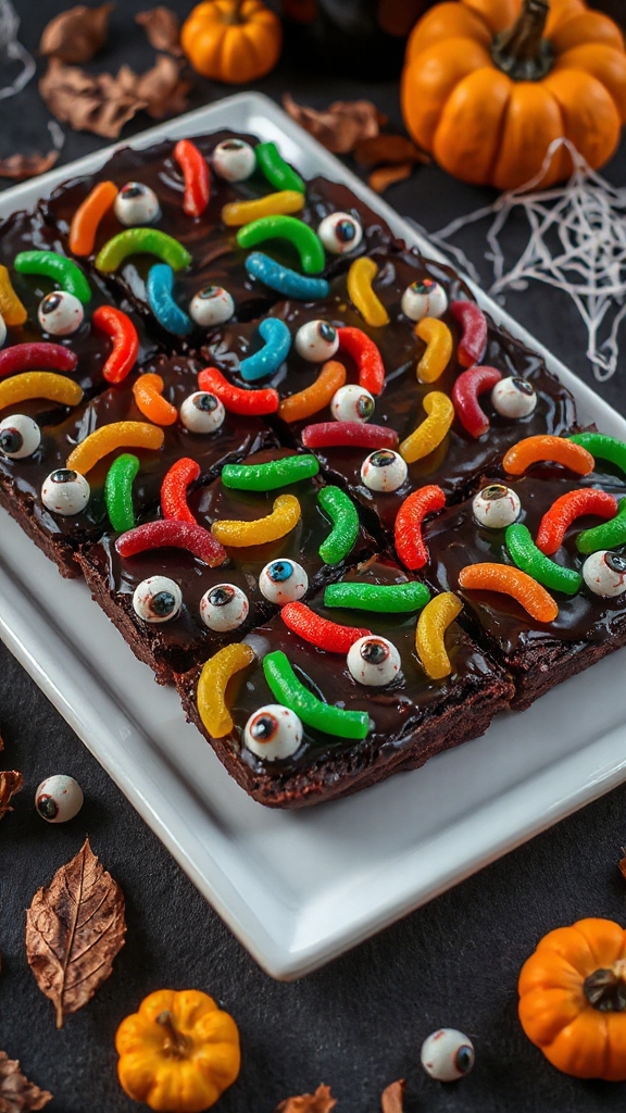 creepy halloween gummy worm brownies