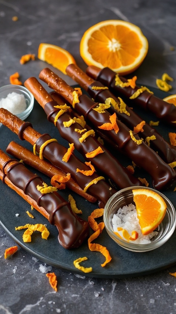 dark chocolate orange pretzel rods