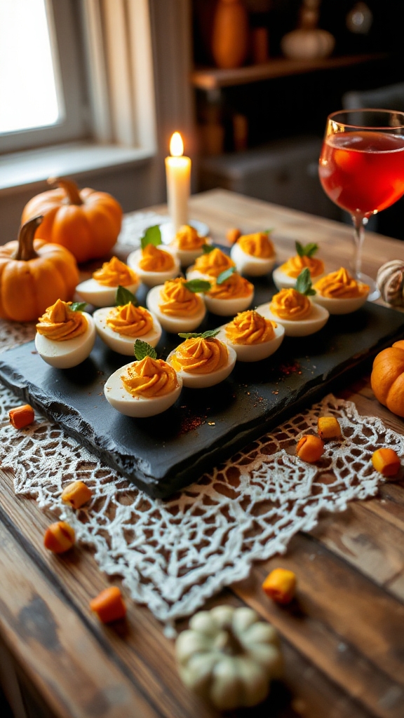 festive pumpkin deviled eggs