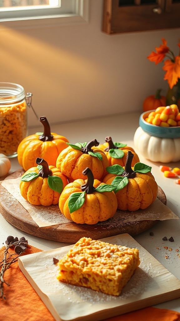 festive pumpkin shaped rice krispie treats