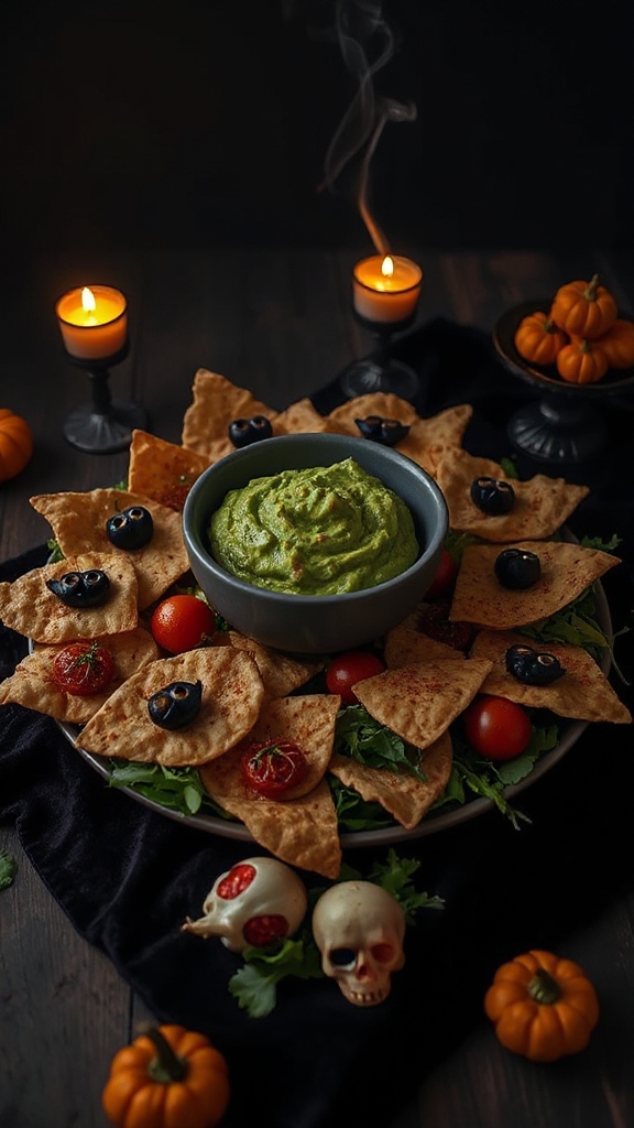 ghostly halloween themed guacamole dip