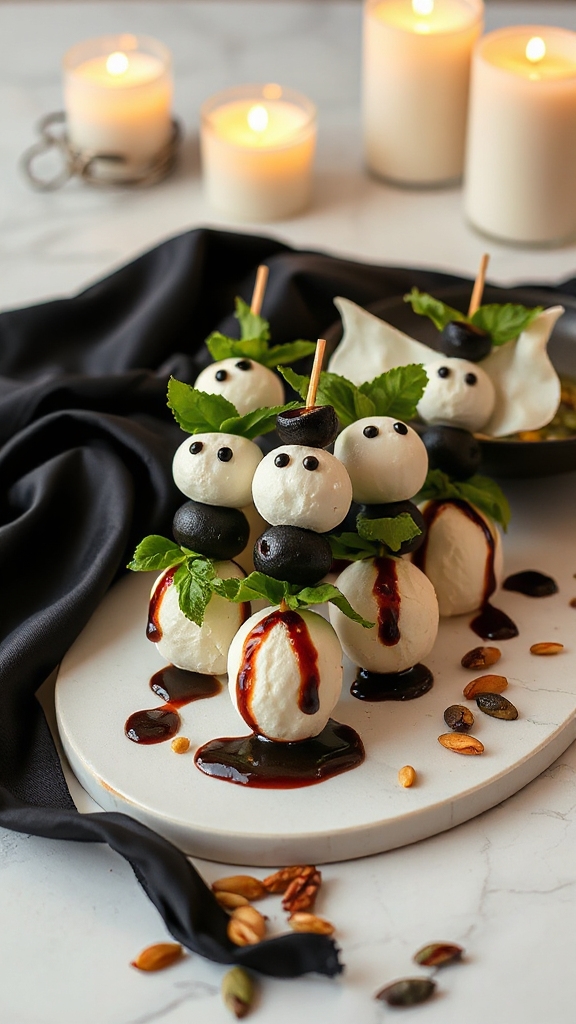 ghostly mozzarella caprese skewers