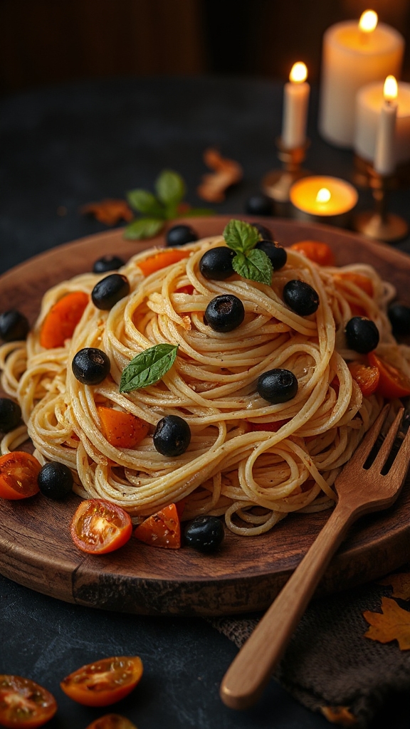 ghostly spaghetti with olives