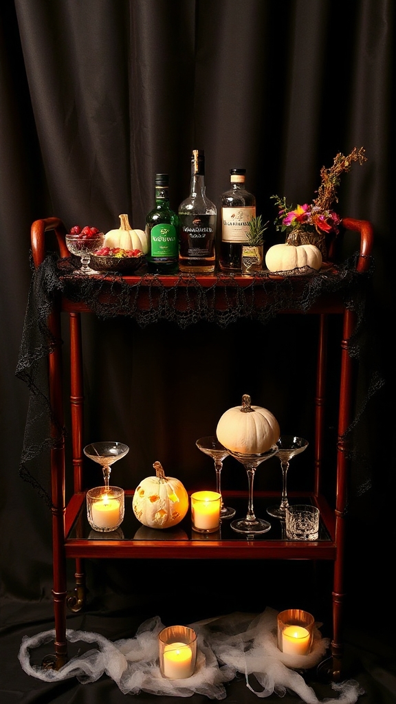 sophisticated halloween cocktail setup