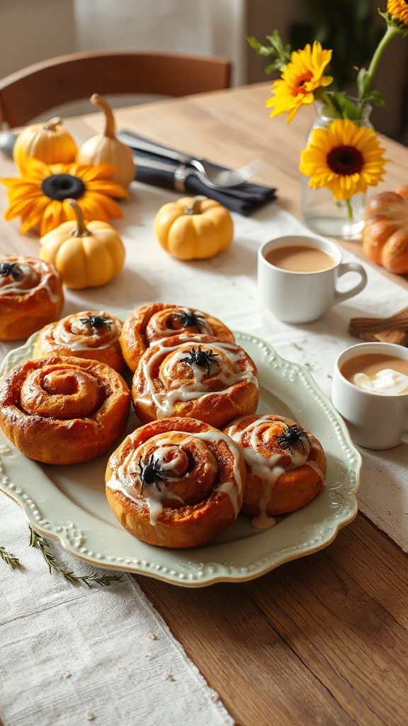 spiderweb themed cinnamon rolls