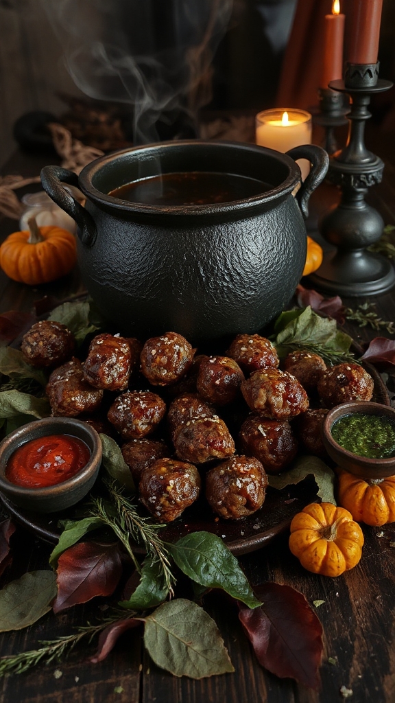 spooky meatballs in cauldron
