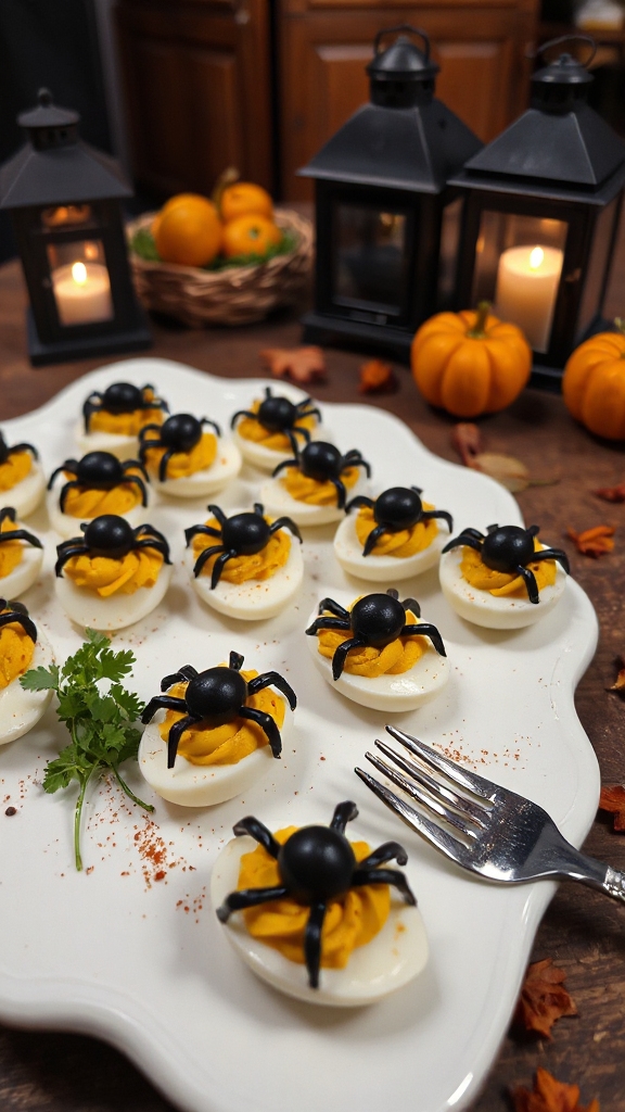 spooky spider themed deviled eggs