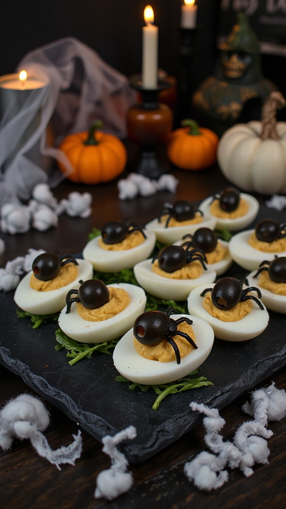 spooky spider themed deviled eggs
