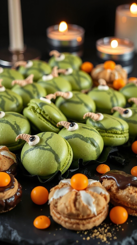 whimsical halloween matcha macarons