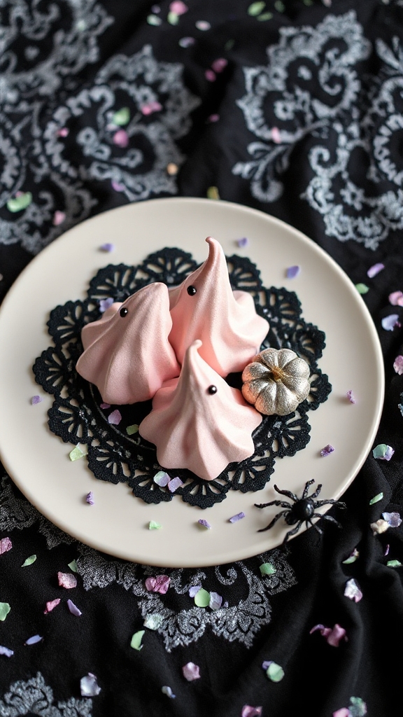 whimsical pink halloween meringues
