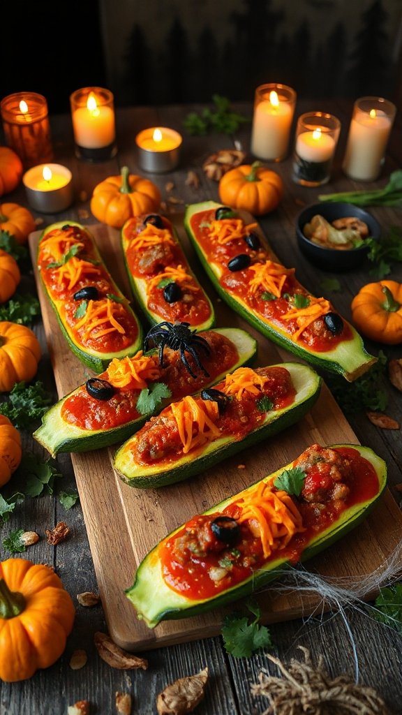 zombie themed stuffed zucchini boats