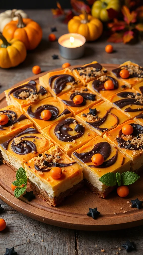 spooky pumpkin cheesecake bars