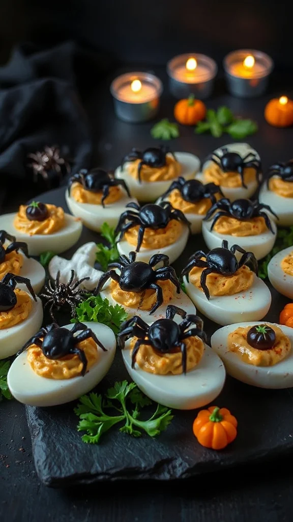 creepy spider themed deviled eggs