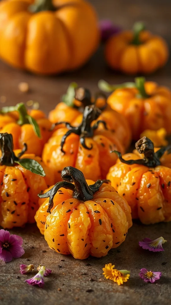 pumpkin shaped halloween sushi rolls
