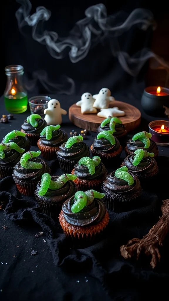 spooky gummy worm cupcakes